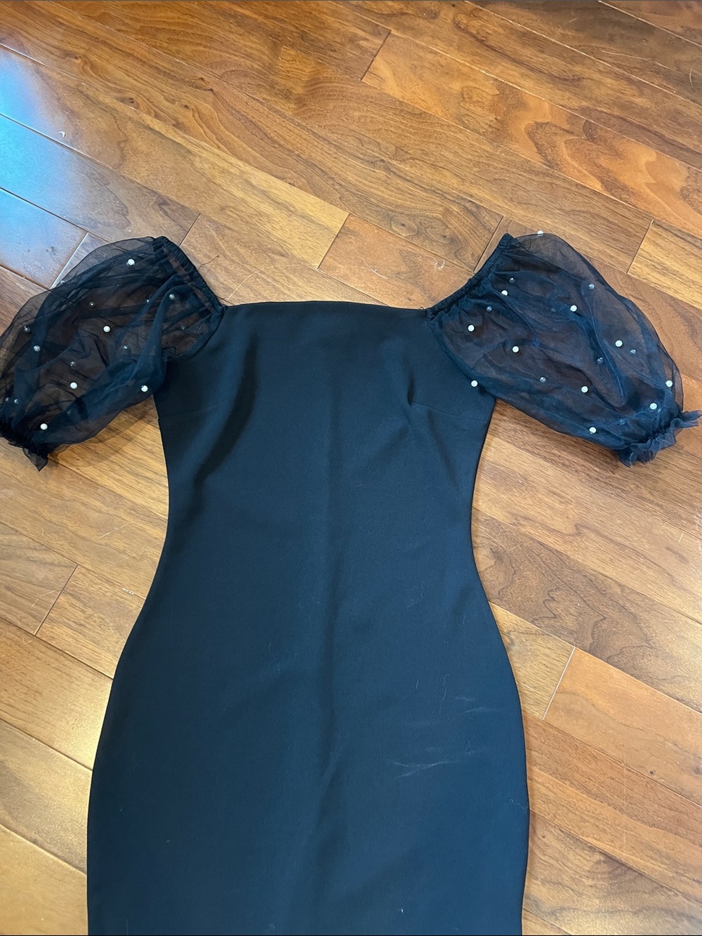 Elegant Black Mini Dress with Sheer Puff Sleeves